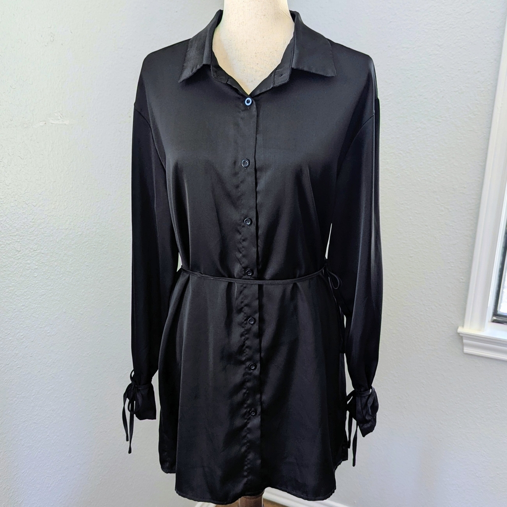Black Satin Button Front Dress/Tunic Tie Waist & Cuff Detail Goth Preppy NYE